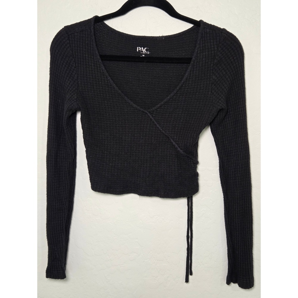 PacSun PacCares Black Waffle Knit Faux Wrap Side Tie Cropped Thermal Top XS